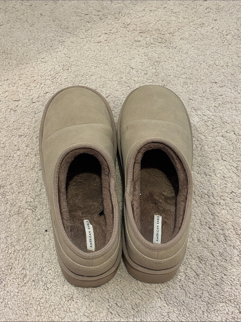 American Eagle Plush Lined Slip-On Slippers in Taupe and Brown